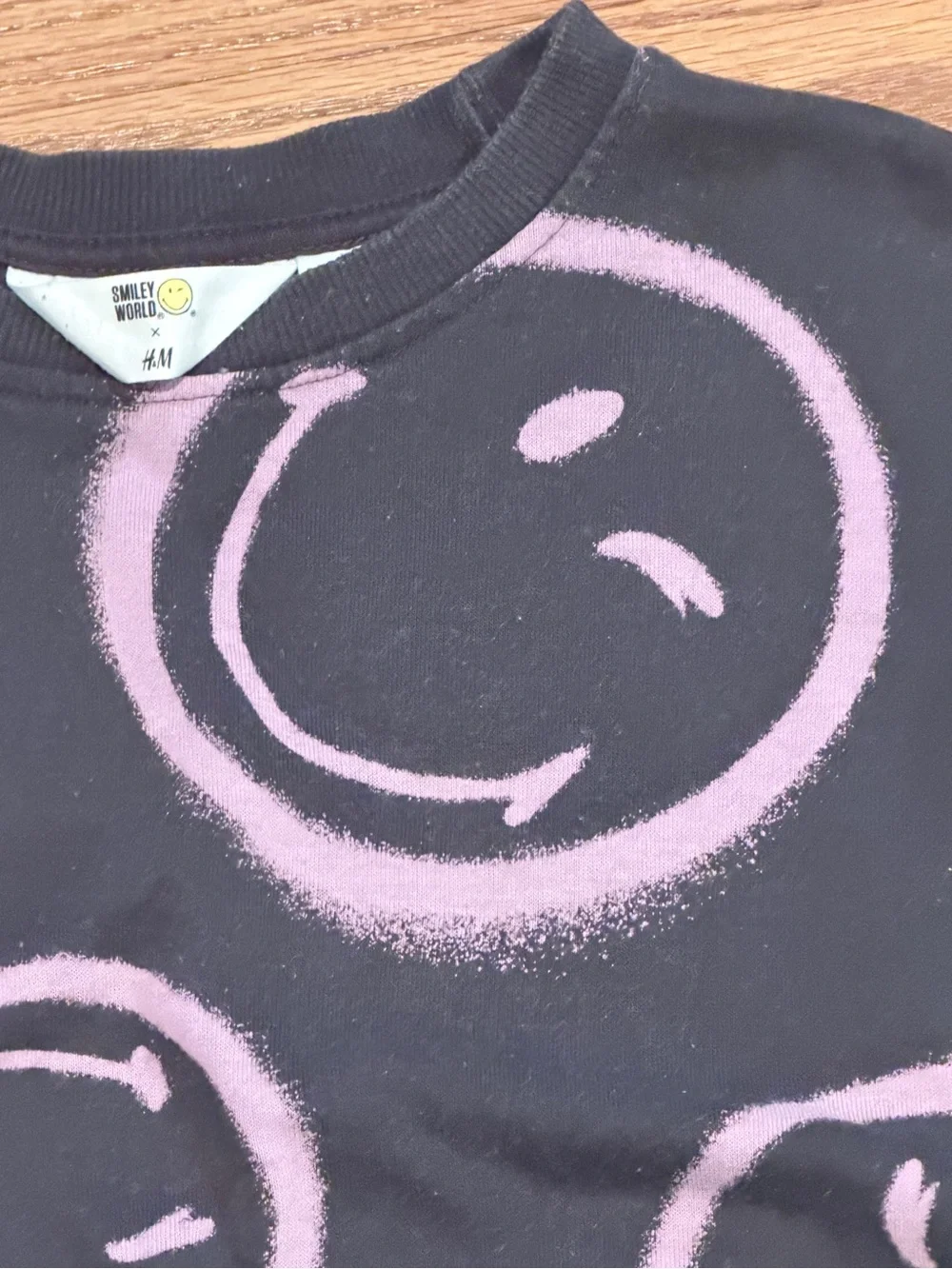 H&M Smiley World Black Cropped Sweatshirt with Lilac Smiley Print